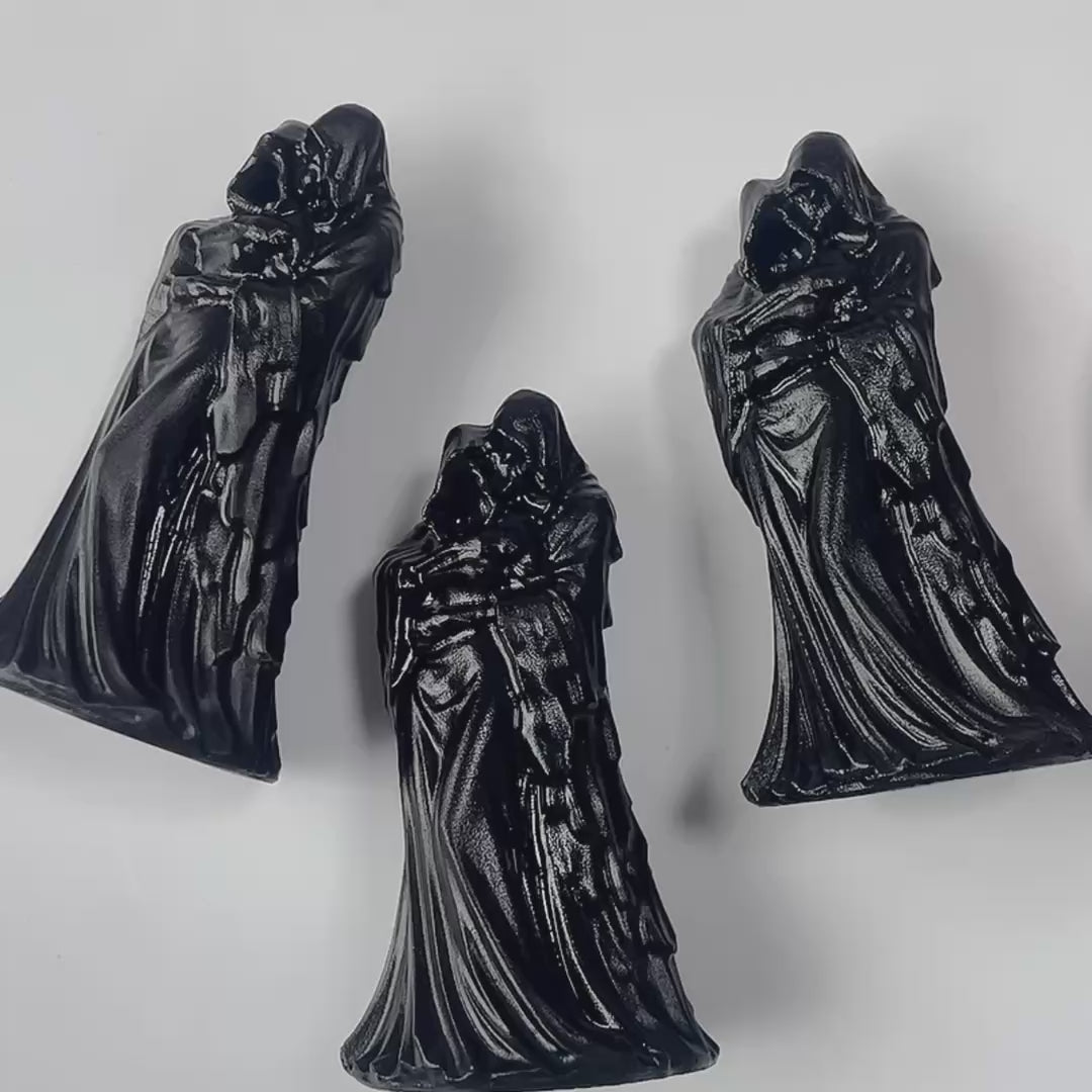 Handmade black obsidian grim reaper crystal carving gothic hooded guardian statue-C023