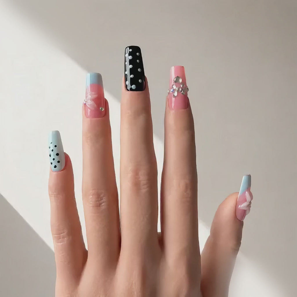 Handmade press on nails medium coffin nude base with blue french tip & polka dot accent 3D floral design detail-Soft Color Dots A076