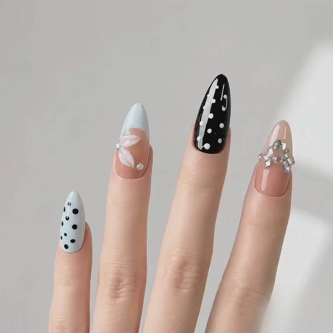Handmade Press On Nails Medium Almond Nude Base with Blue French Tip & Polka Dot Accent 3D Floral Design Detail-Soft Color Dots A069
