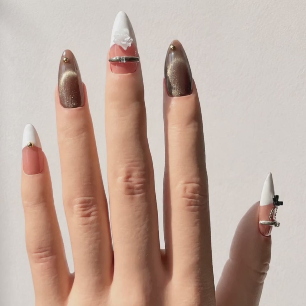 Handmade nude&brown cat eye with french tip press on nails 3D floral and bow-Mocha Cocoa A089