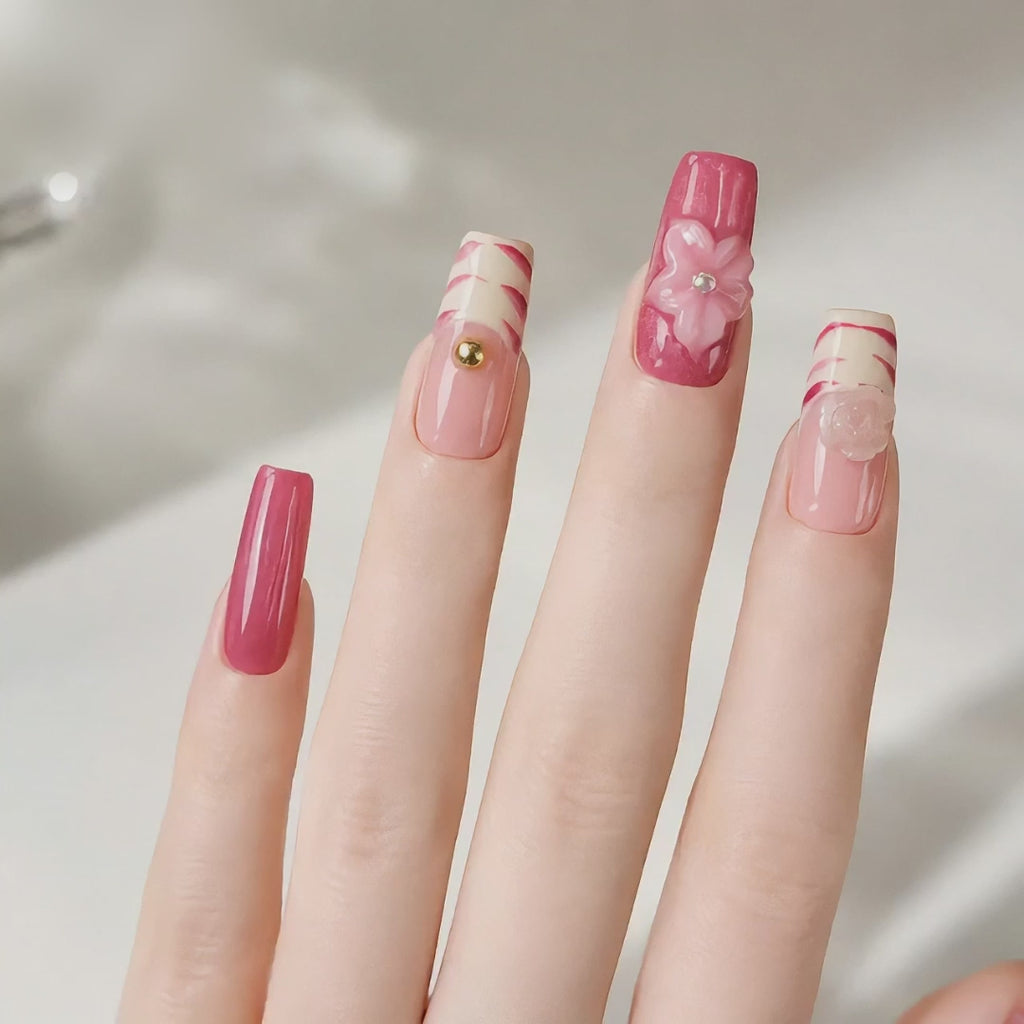 Handmade medium coffin rose pink cat eye press on nails medium coffin french tip 3D flower-Berry Glow A057