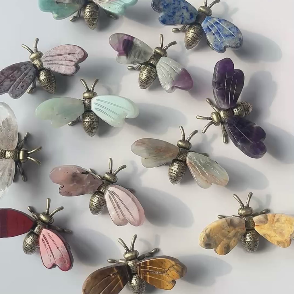 Crystal Bee Figurine Multicolor Gemstone Insect Sculpture with Gold Metal Detailing-C008