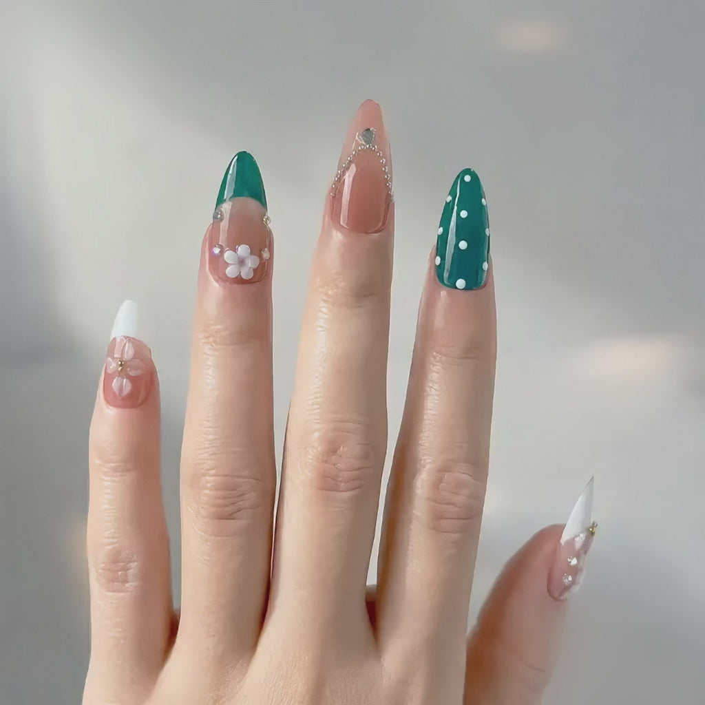 Handmade press on nails medium almond nude pink base with blue polka dot accent 3D floral design-Coral Teal A083