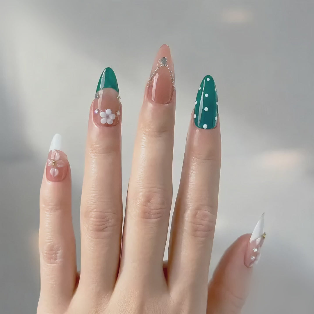Handmade press on nails medium almond nude pink base with blue polka dot accent 3D floral design-Coral Teal A083