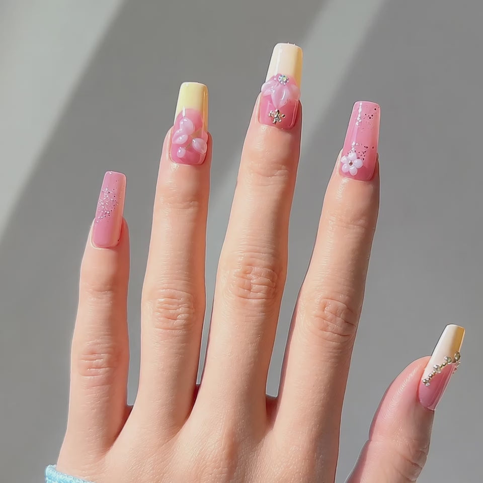 Handmade nude pink yellow french tip press on nails with 3D floral nails medium coffin fake nails-Sweet Petal A093