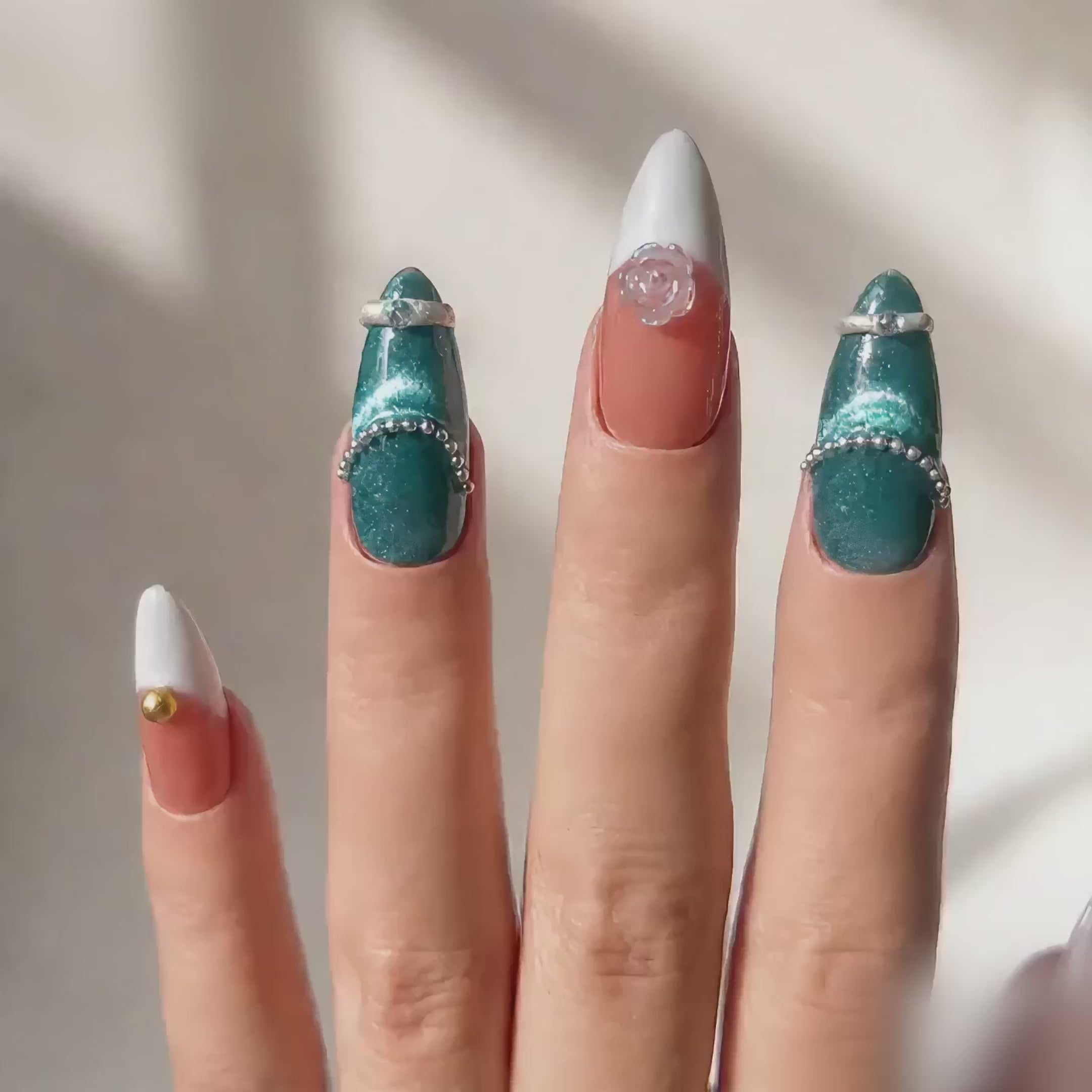 Handmade teal cat eye& peach luxe floral  medium almond nails with pearl chain french tip Y2K gold accent-Teal Petal A025