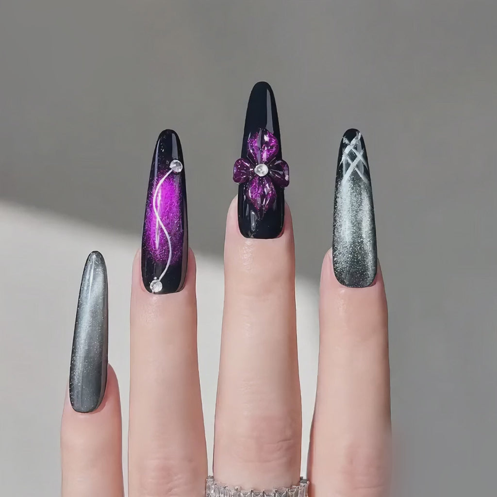 Handmade gothic cat eye long stiletto black purple orange aura false nails dark Y2K 3D handmade luxe nail set-Midnight Gothic A050