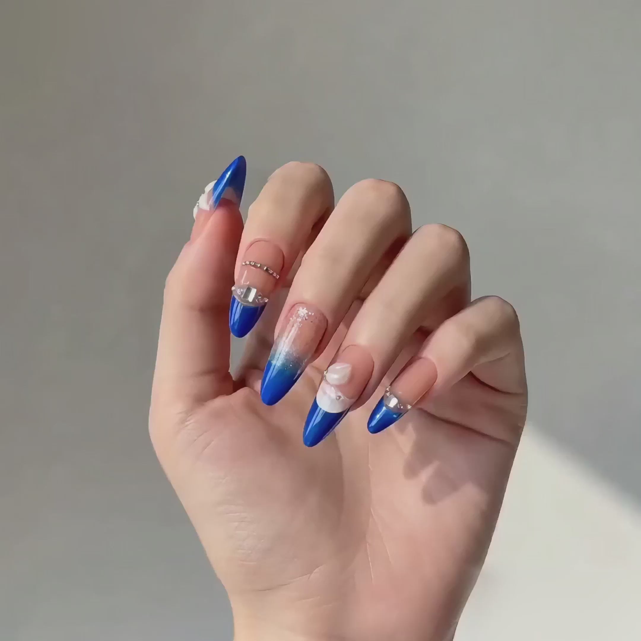 Handmade blue french 3D flower rhinestone medium almond nails-Electric Riviera A009