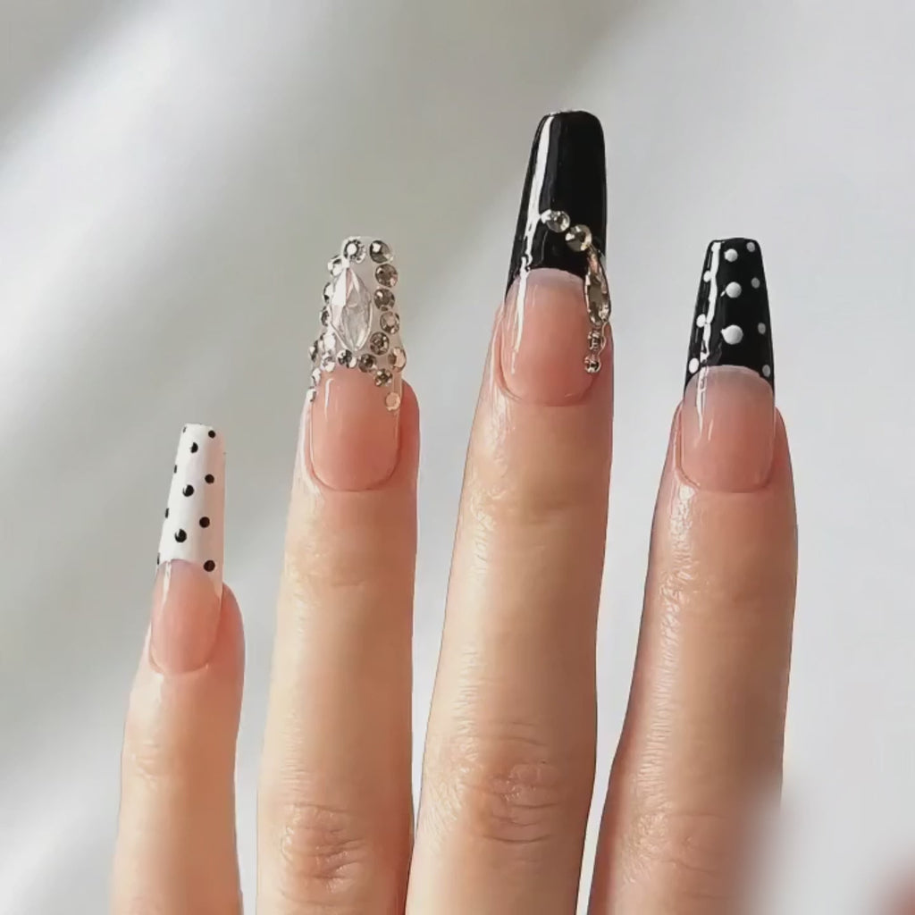Handmade press on nails medium coffin nude base with black & white polka dot french tip gold rhinestone accent-Black and White Ball A077