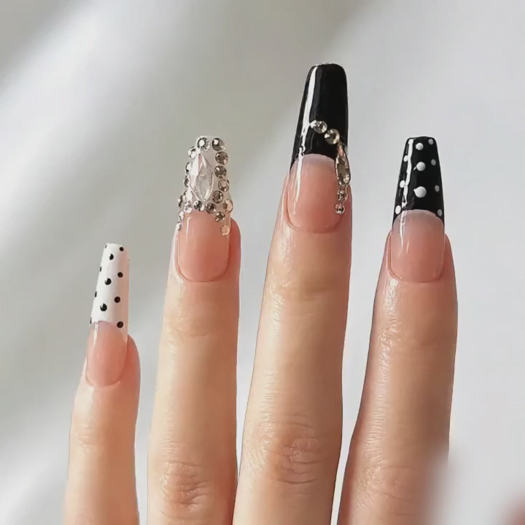Handmade press on nails medium coffin nude base with black & white polka dot french tip gold rhinestone accent-Black and White Ball A077