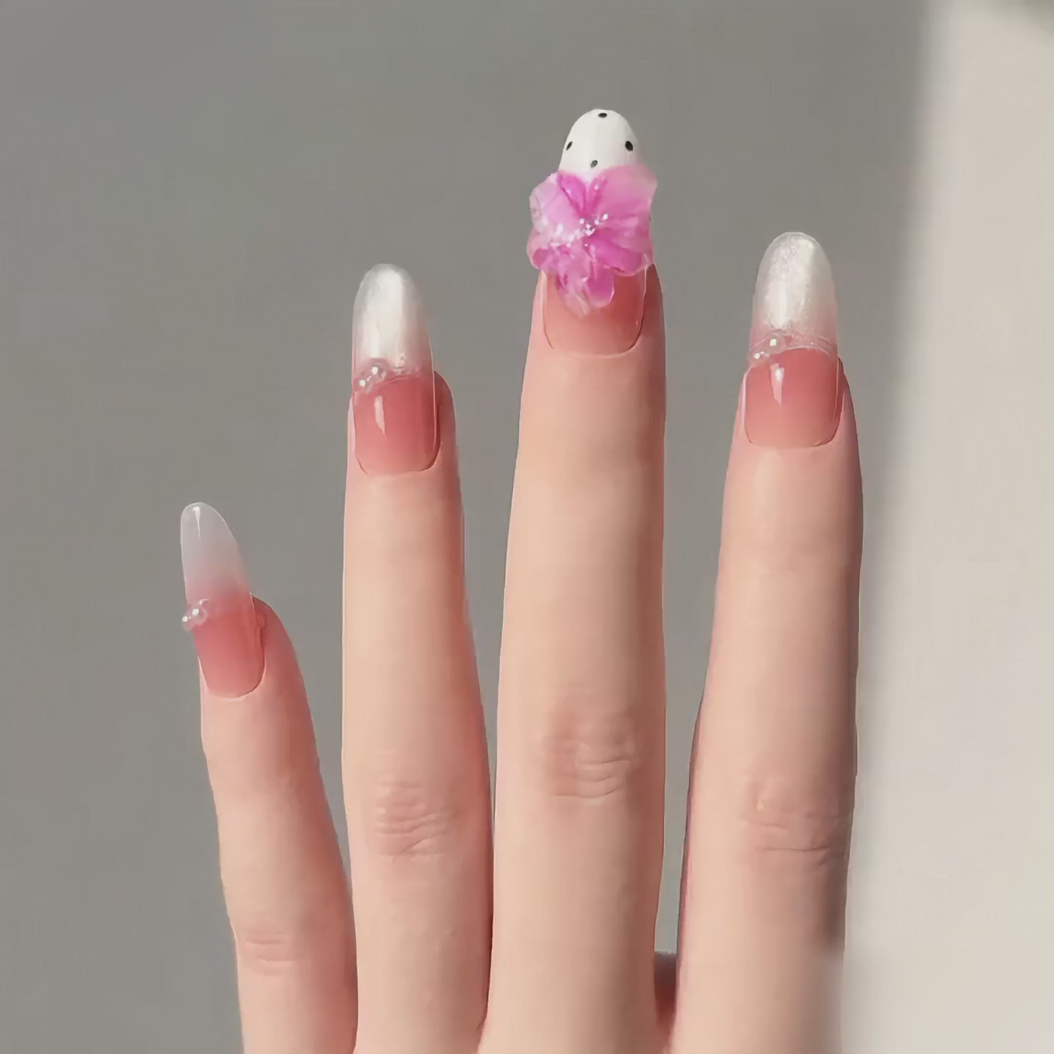 Handmade medium oval press on nails pink floral 3D flower polka dot french tip-Pink Bubble A020