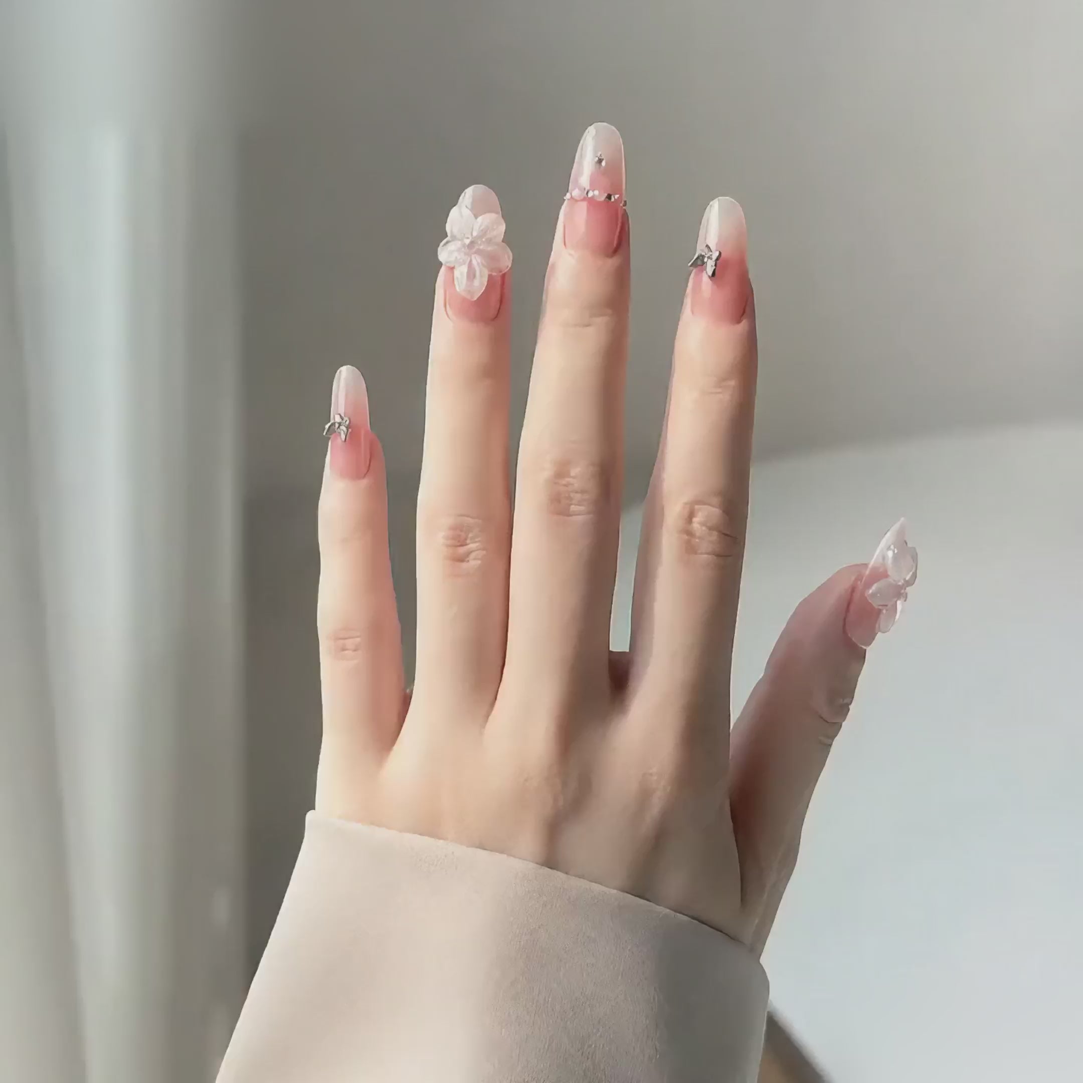 Handmade elegant pink cat eye nude 3D flower & butterfly nails ombre glossy rhinestone nail set medium oval nails-Rosemilk A027