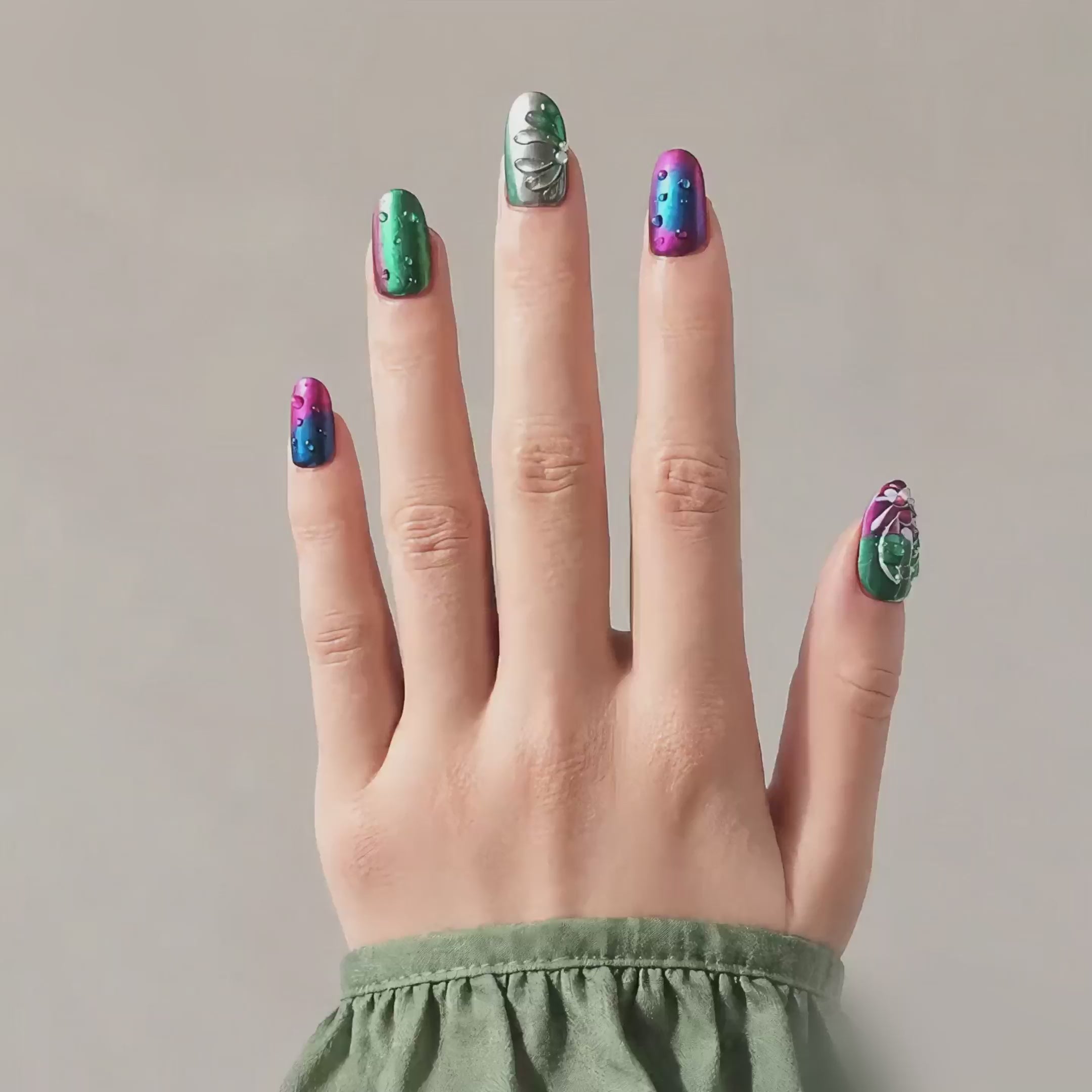 Handmade short oval Nails Green Pink Blue Metallic Glossy Abstract Design False Nails-Biolume Insect A033