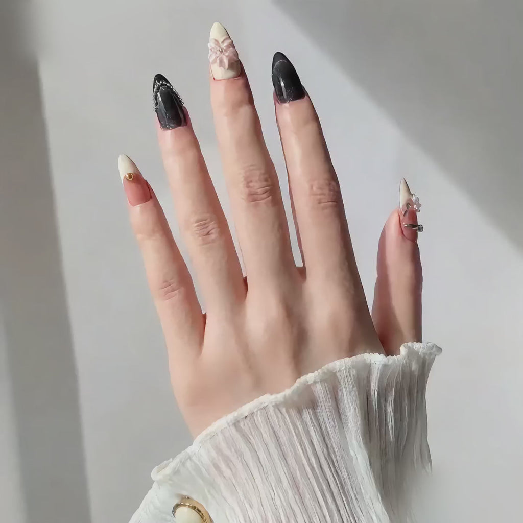 Handmade medium almond black cat eye nude pink floral 3D flower rhinestone elegant fake nails-Midnight Petal A019