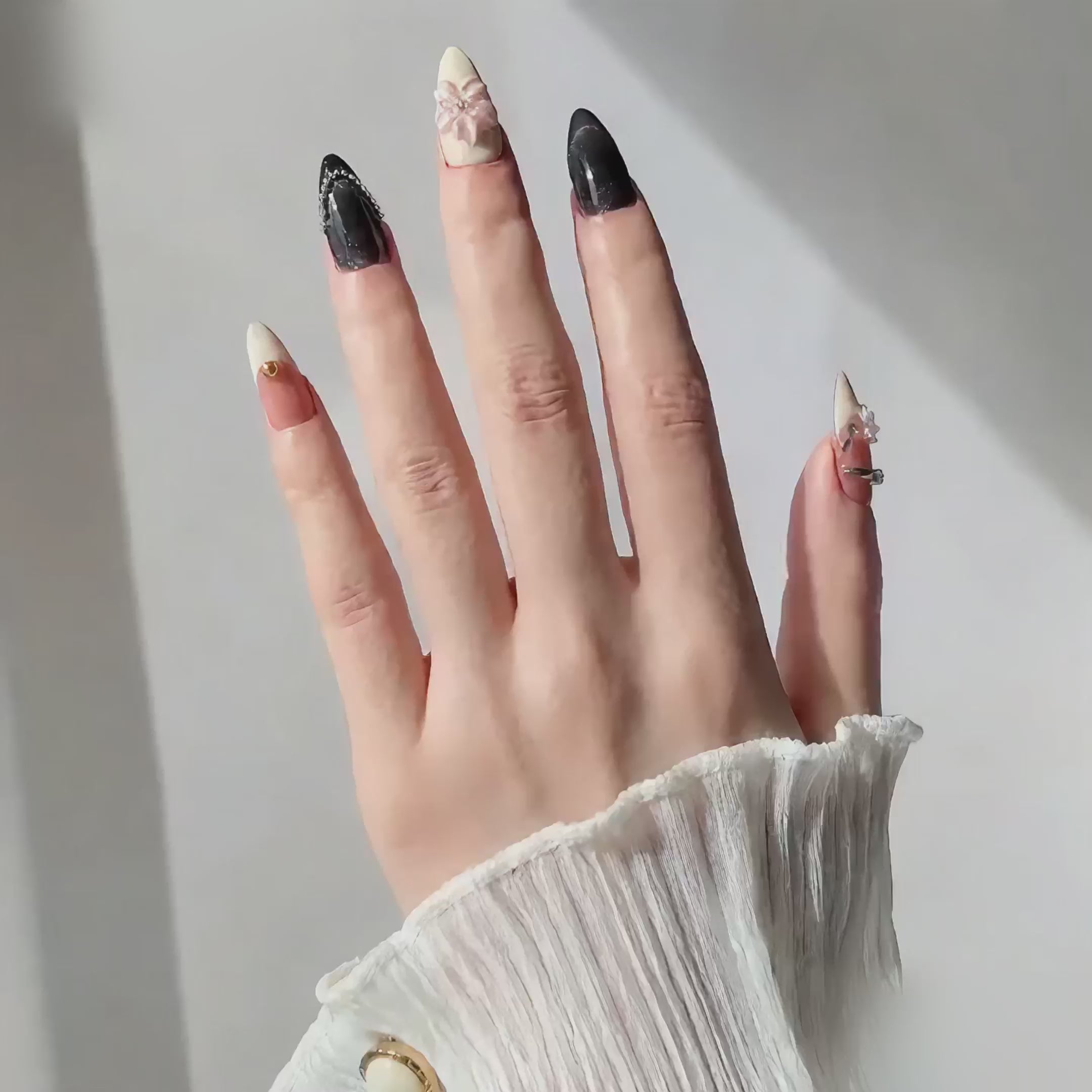 Handmade medium almond black cat eye nude pink floral 3D flower rhinestone elegant fake nails-Midnight Petal A019