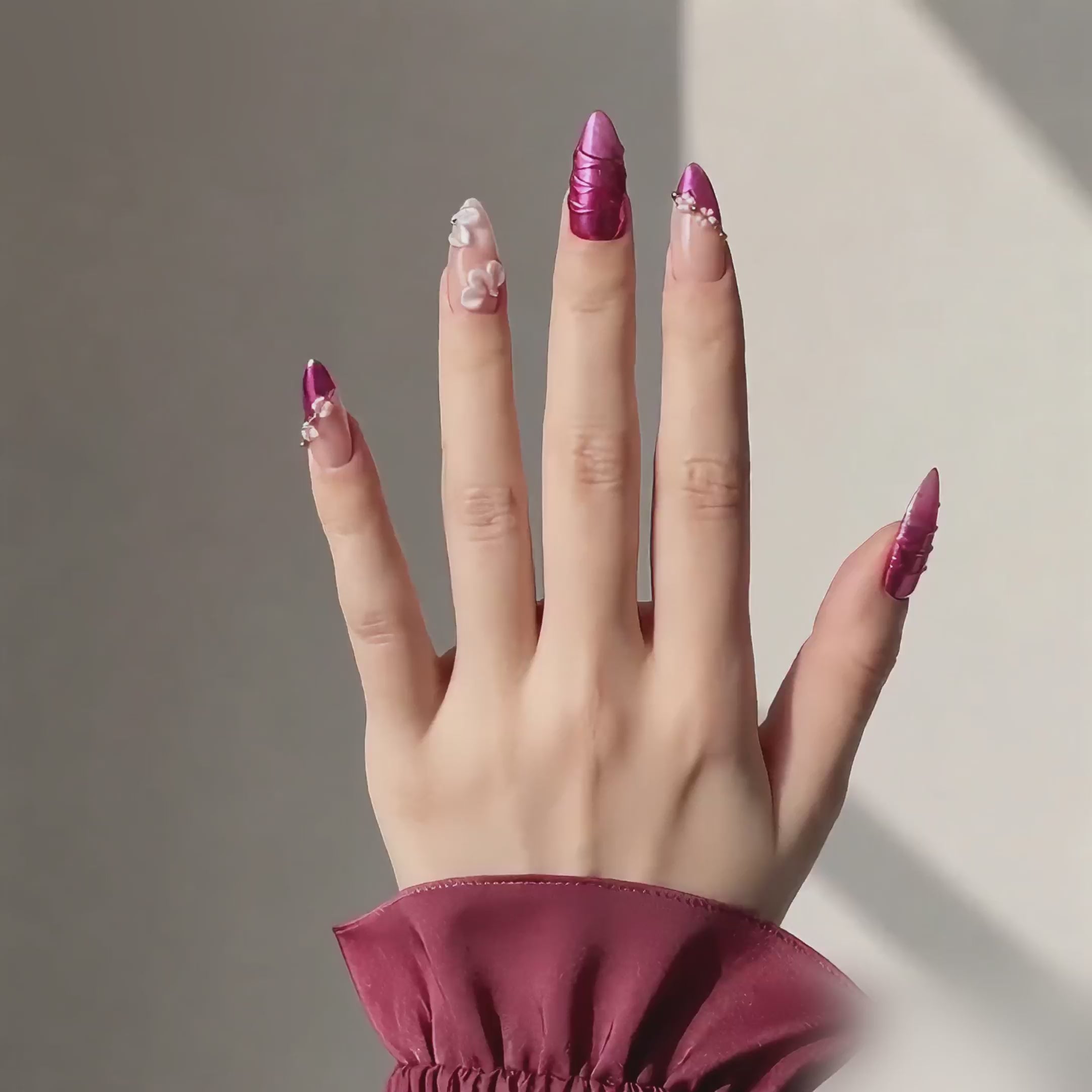 Handmade medium almond hot pink metallic press on nails with 3D floral accent nude pink gold design-Hot Pink A035