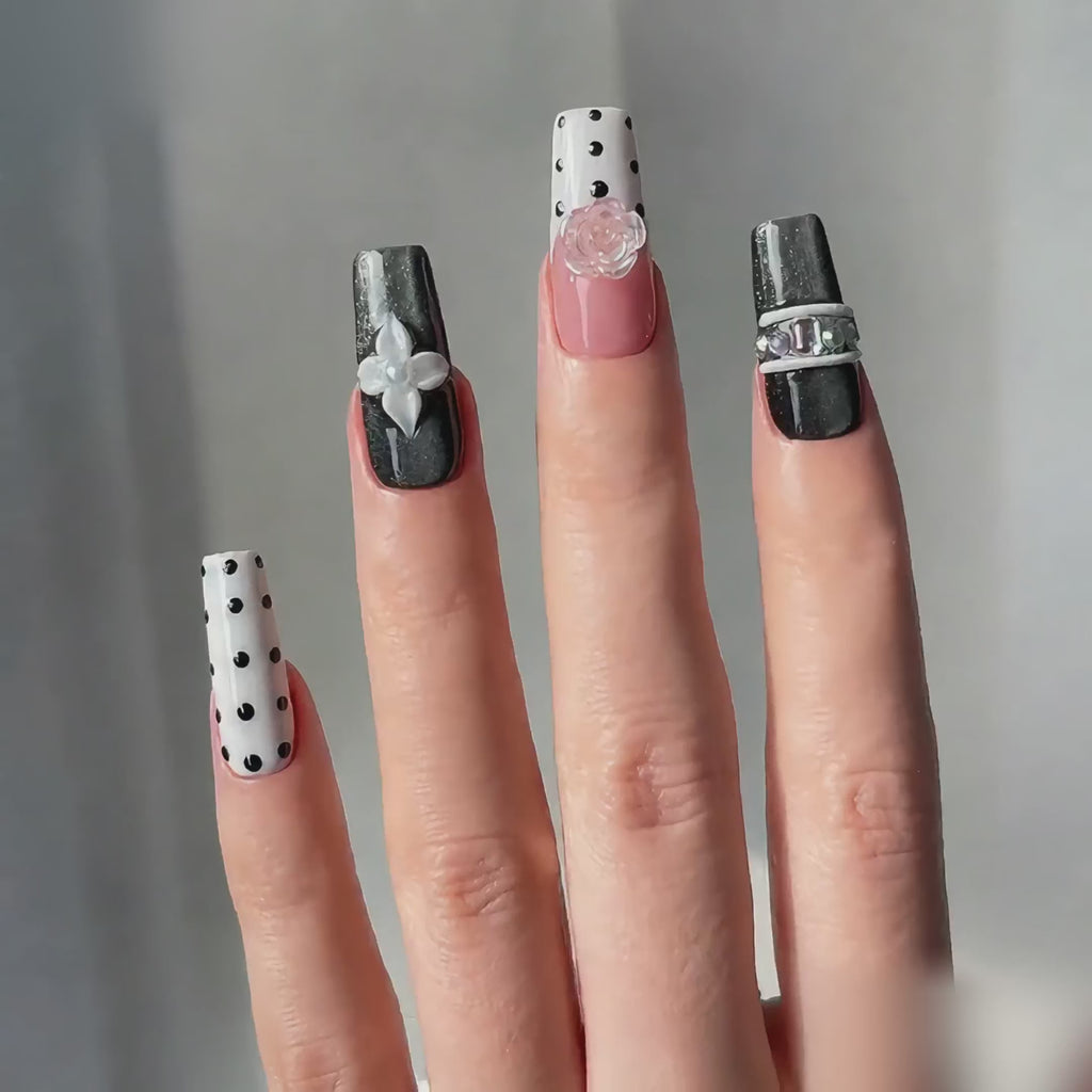 Handmade black & pink polka dot press on nails with 3D flower & rhinestone chain design  medium coffin false nails-Polka Noir Floral A014