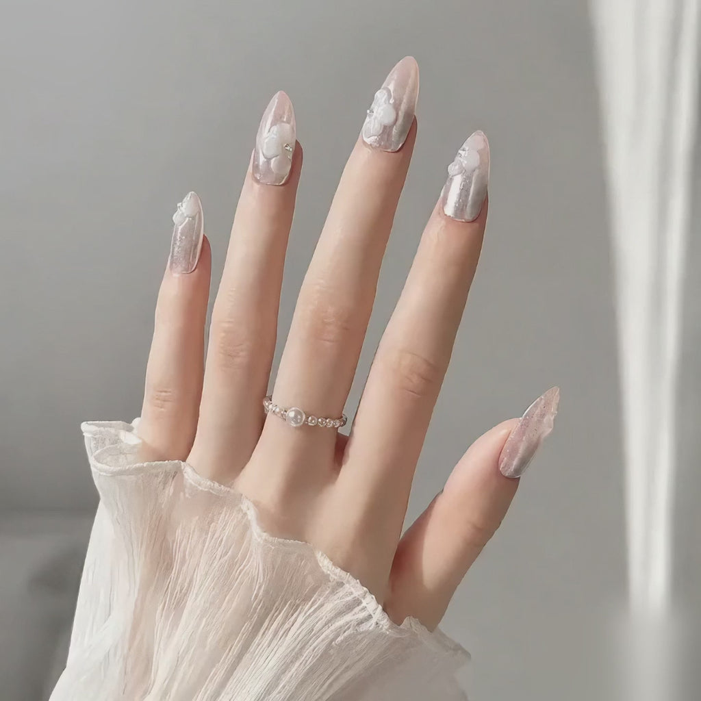 Handmade medium almond Silver Glitter Ombre Press On Nails 3D Flower Elegant White Pink Gradient-Pearl Bloom A053
