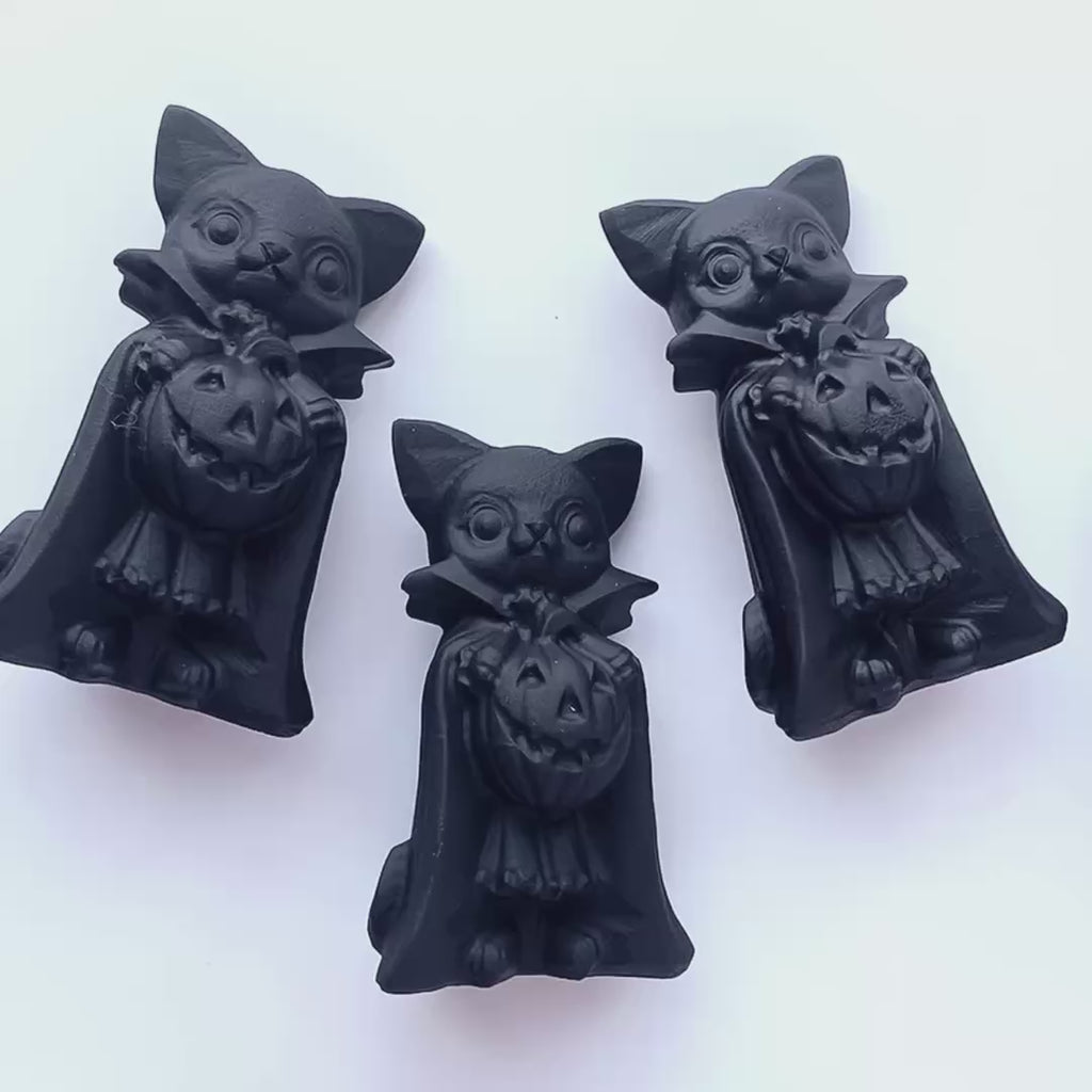 Handmade black frosted obsidian halloween cat crystal carving-C027