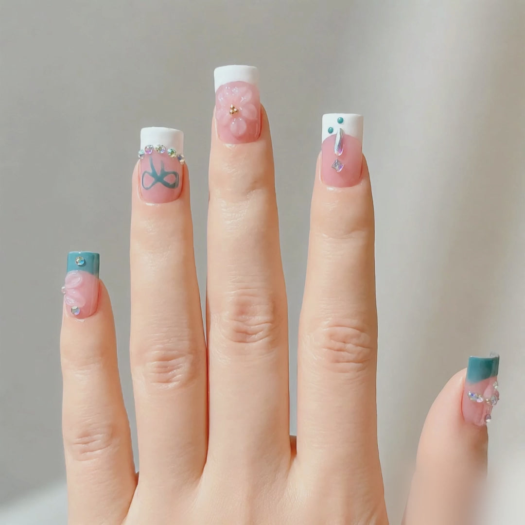 Handmade short square blue french press on nails nude white tips with hand painted bow & 3D flower-Waves A092