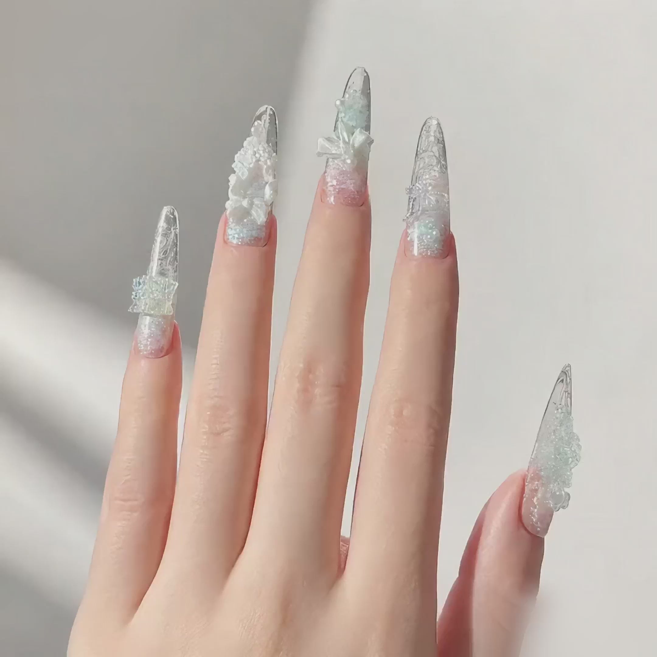 Handmade pastel blue pink glitter floral press on nails long stiletto 3D bow nail set-Ice Petal A040