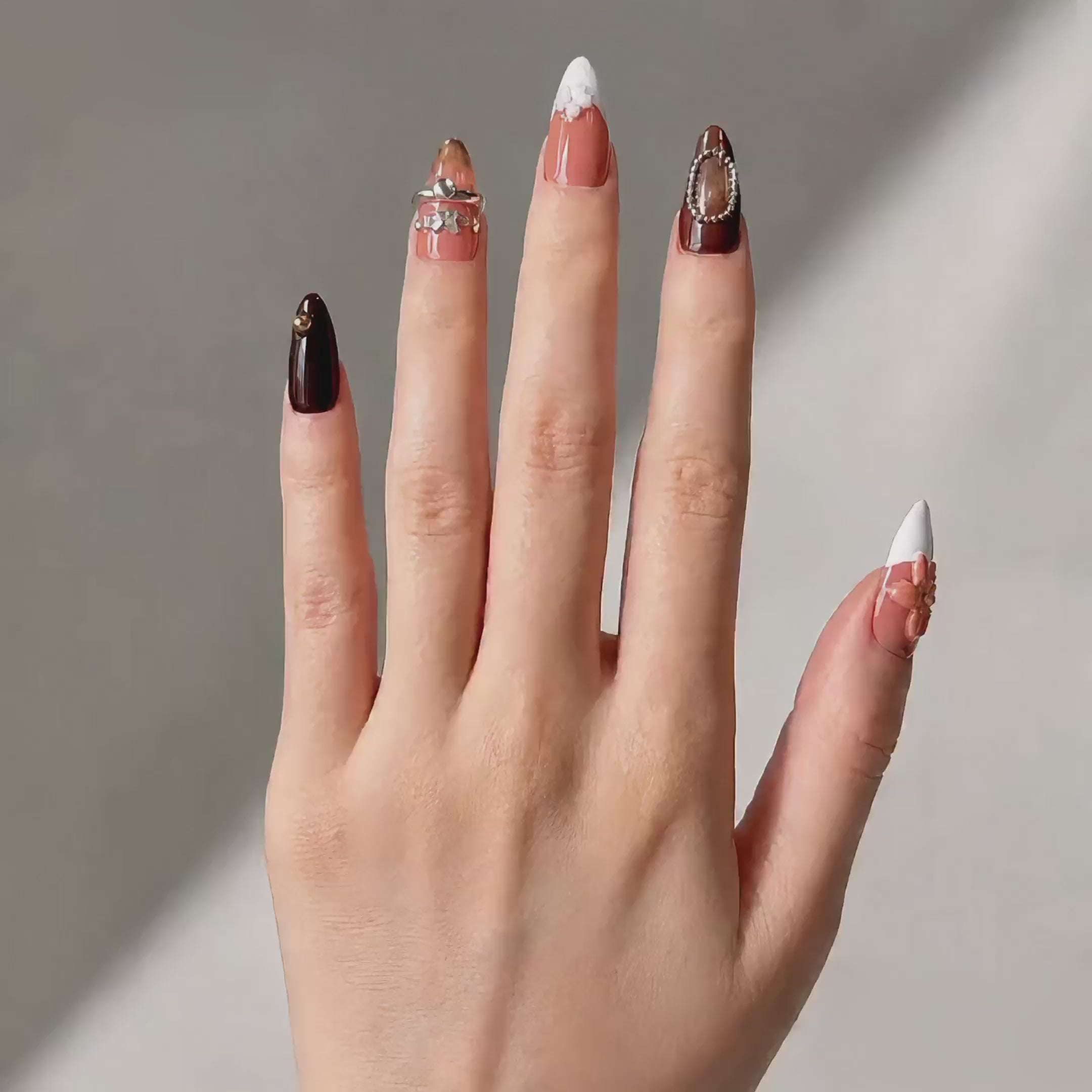 Elegant handmade mocha blossom medium almond nails with cat eye and 3D flower-Amber Atelier A007