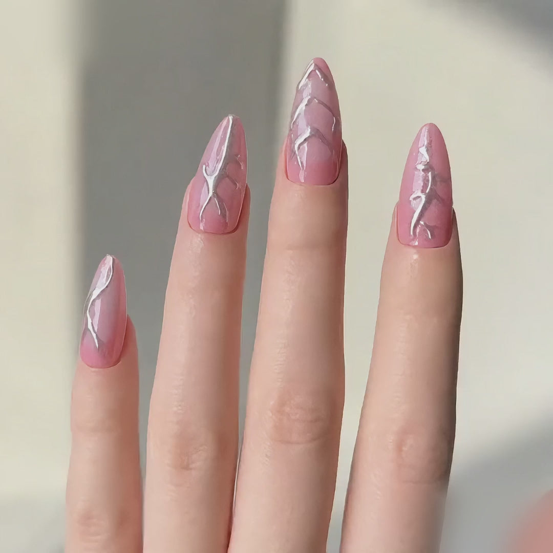 Handmade nude pink press on nails medium almond silver 3D embossed texture nail art glossy chrome accent nail set-Pink Chrome Vein A064