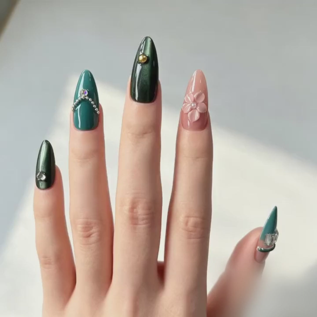 Handmade nails medium almond nude base with deep emerald green cat eye french tip 3D floral design chain detail-Coral Teal A087