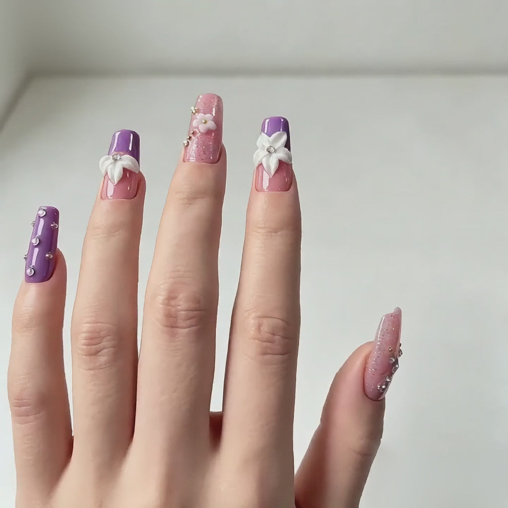 Handmade purple french tip 3D flower press on nails medium coffin rhinestone nude set set-Soft Violet A086