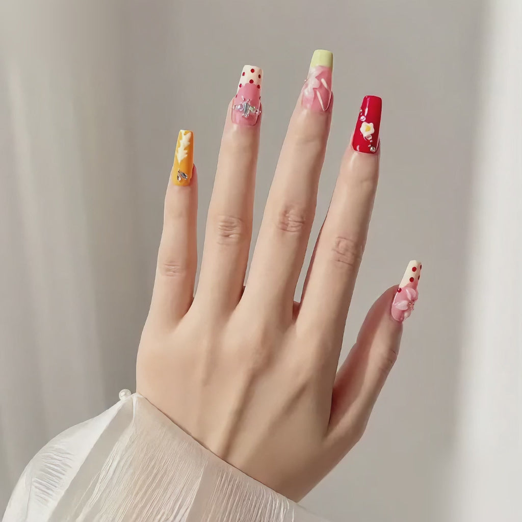 Handmade candy pop french graffiti press on nails 3D flower design medium coffin-Daisy Pop Art A060