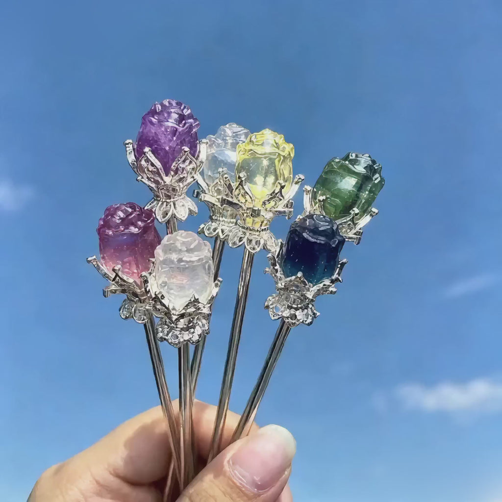 Rainbow fluorite clear quatz random rose flower hairpin carving-Silver C001