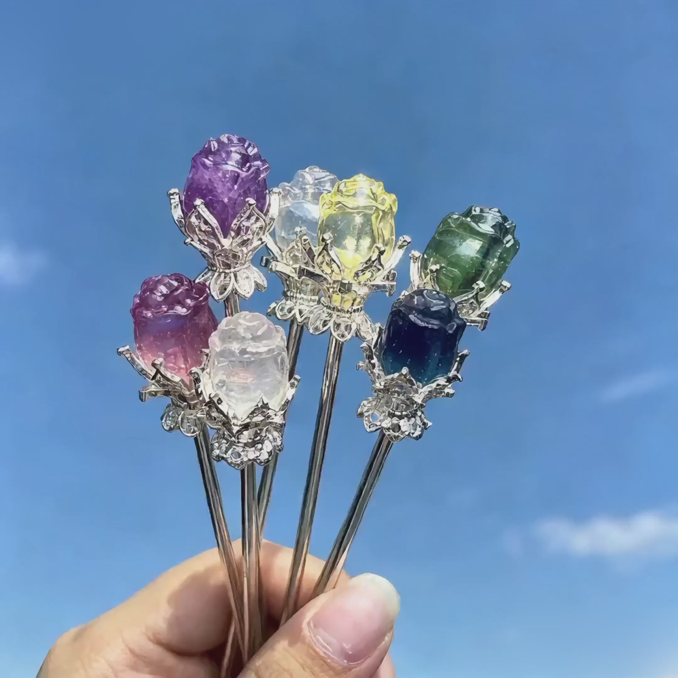 Rainbow fluorite clear quatz random rose flower hairpin carving-Silver C001