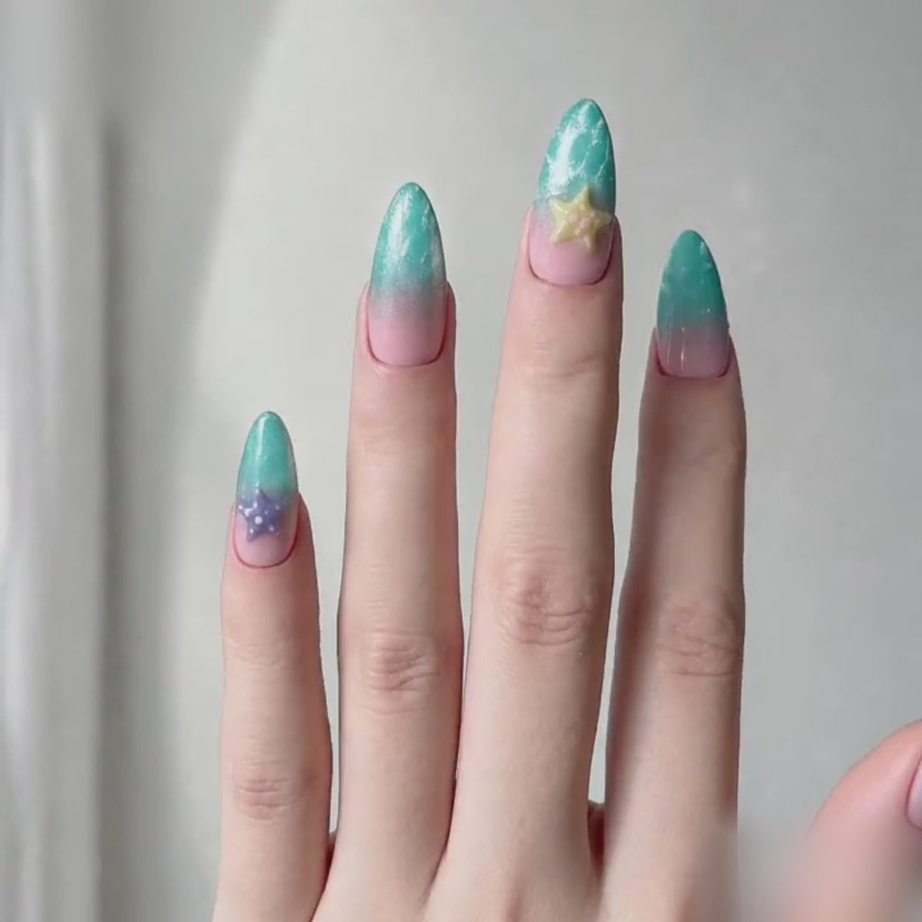 Handmade medium almond clean blue pink ombre and cat eye press on nails with 3D starfish summer-Ocean Pop A044