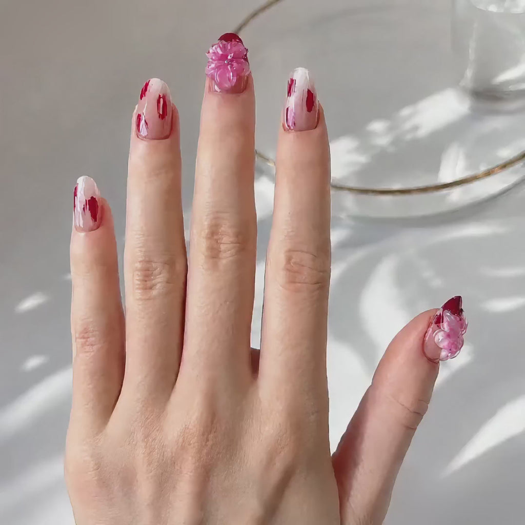 Handmade short almond red tones nails with cat eye and 3d flower-Crimson Brush Bloom A006