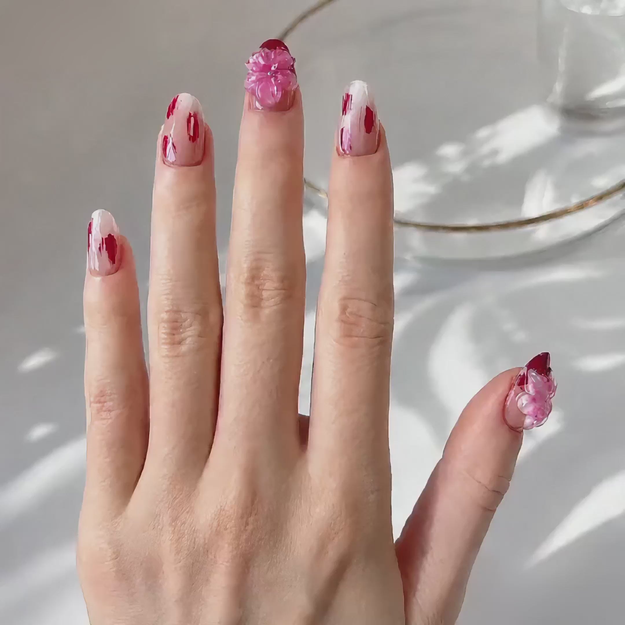 Handmade short almond red tones nails with cat eye and 3d flower-Crimson Brush Bloom A006