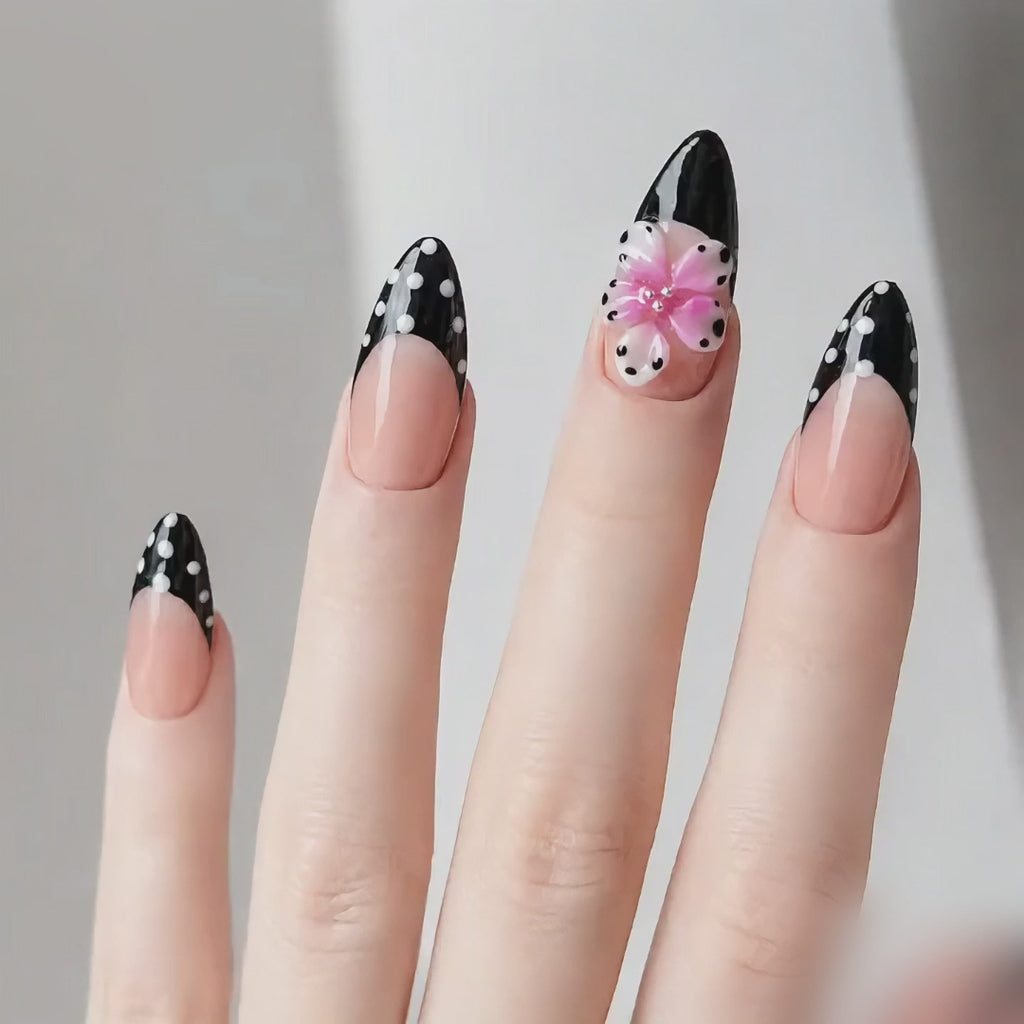 Handmade Nude Polka Dot French Press On Nails Medium Almond, Black French Tip with 3D Flower Accent-Dot Garden A051
