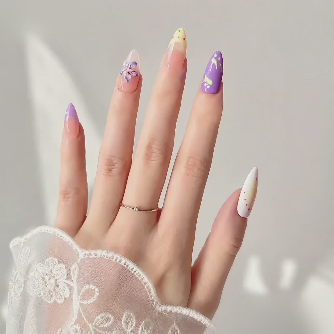 Handmade medium almond spring pastel polka dot french tip press on nails 3D floral-Pastel Pop A052