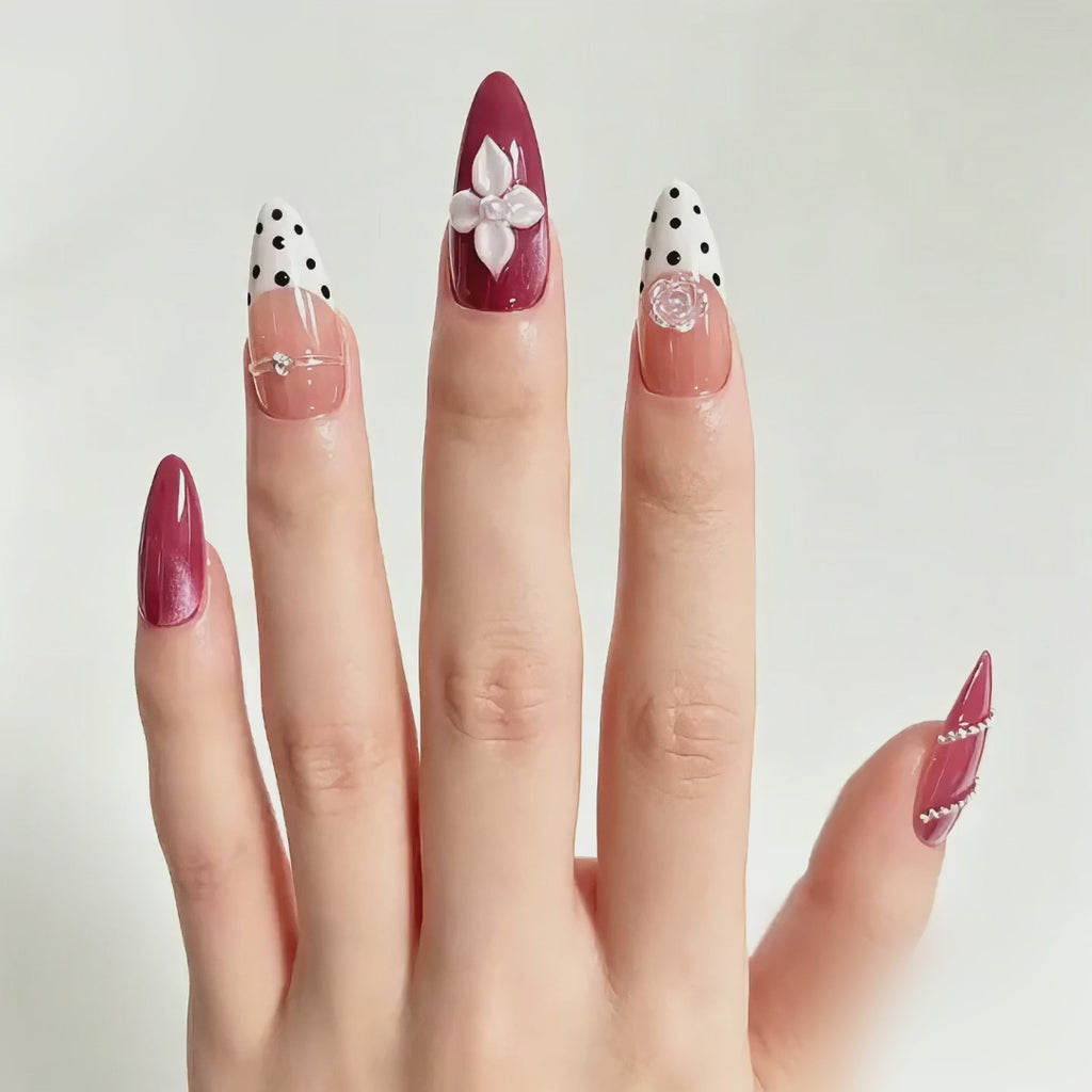 Handmade barbie pink cat eye french nails polka dot 3D flower press on nails medium almond-Sweet Dot A085