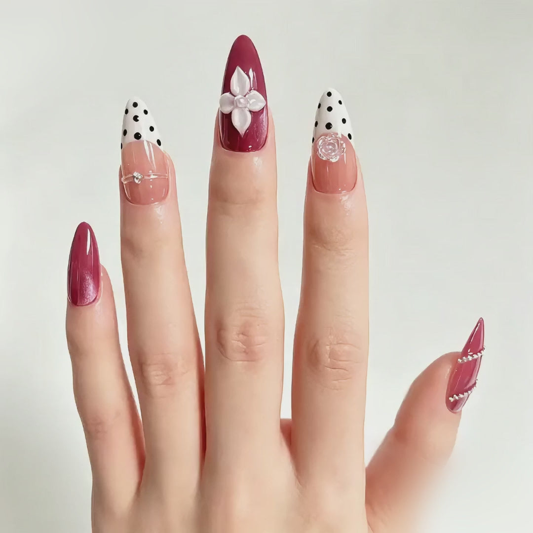 Handmade barbie pink cat eye french nails polka dot 3D flower press on nails medium almond-Sweet Dot A085