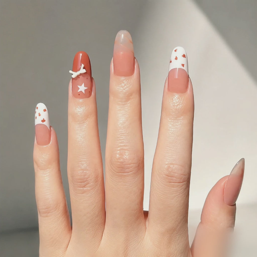 Handmade mediumoval press on nails nude brown french tips with hand painted stars-Wafer Biscuits A091