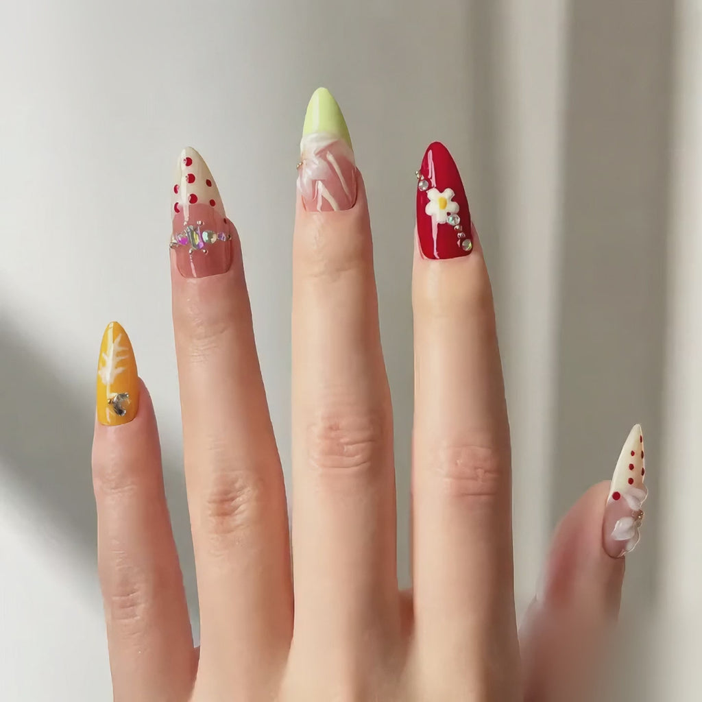 Handmade candy pop french graffiti press on nails 3D flower design medium almond-Daisy Pop Art A078