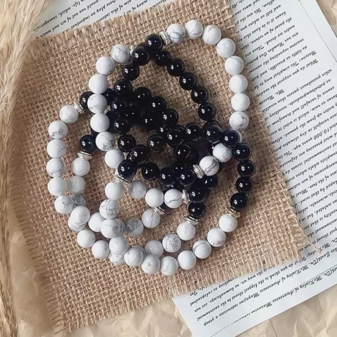 Yin Yang Tai Chi Obsidian Howlite Crystal Bracelet-B010