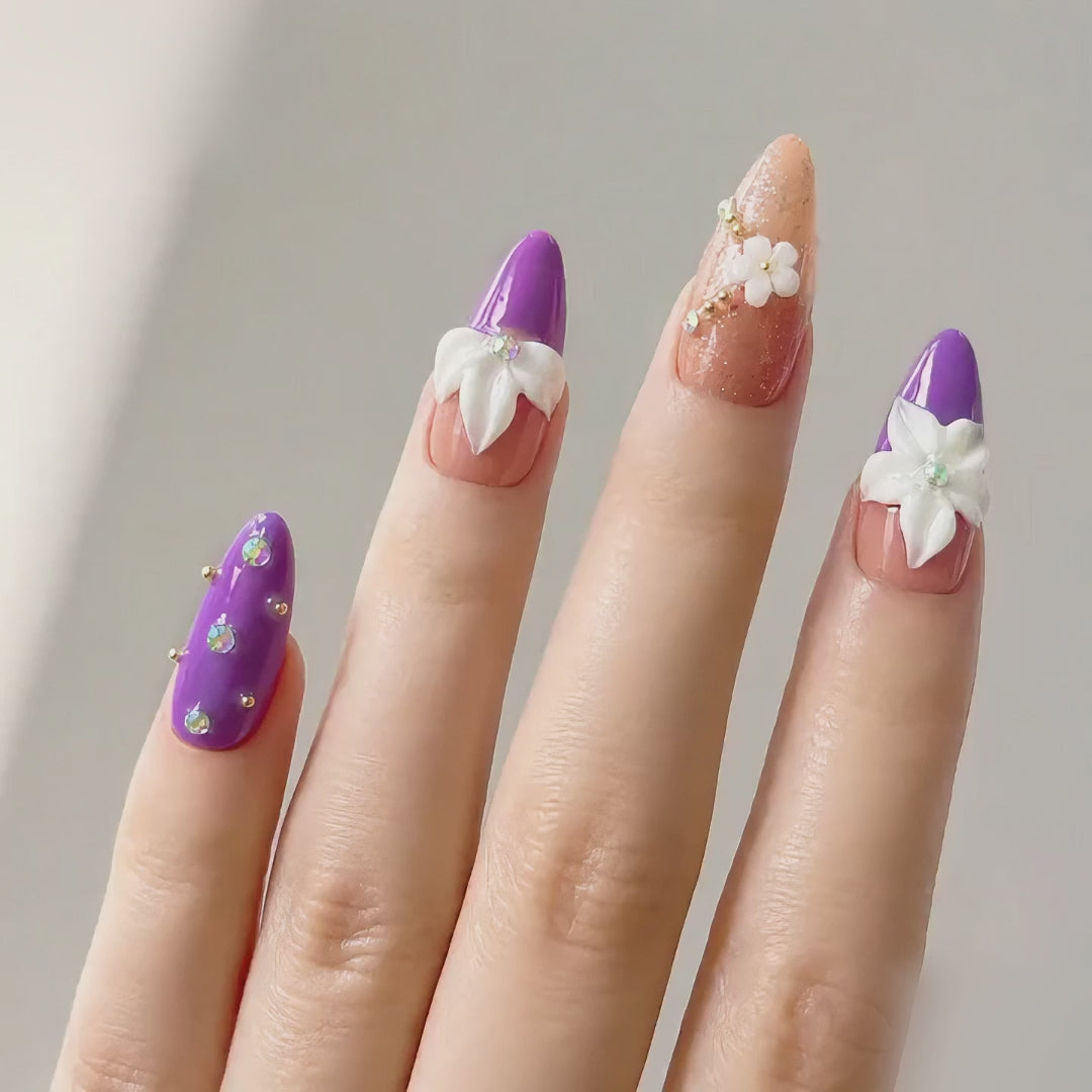 Handmade purple french tip 3D flower press on nails almond medium almond rhinestone nude set set-Soft Violet A066