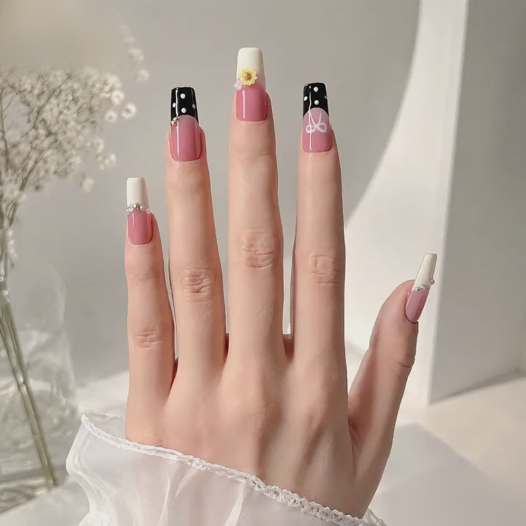 Handmade black pink french press on nails medium coffin 3D daisy flower bow polka dot-Pink Noir A061