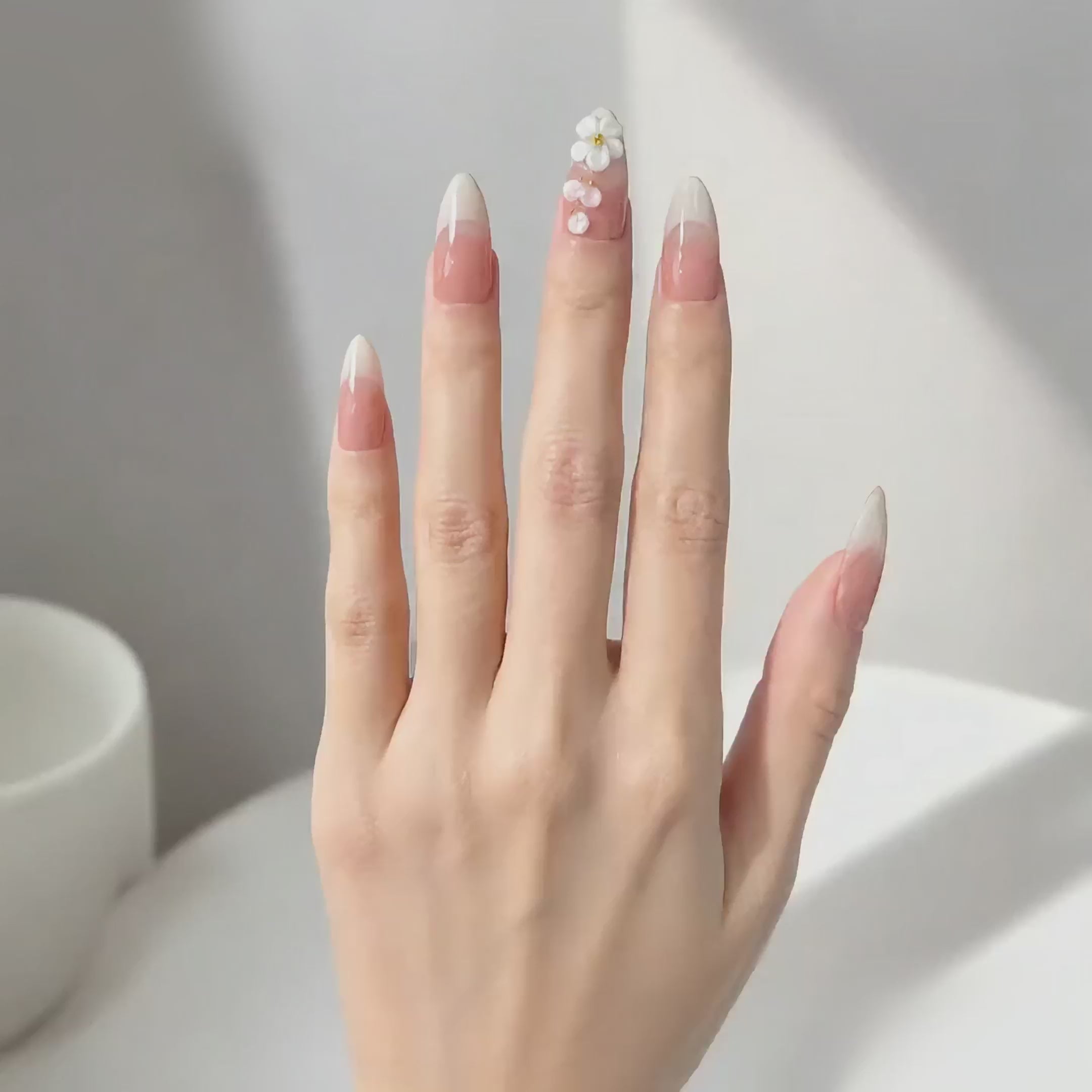 Handmade medium almond off white french tip 3D pearl flower accent elegant nude bridal nails gold bead minimalist-Milky Floral Tips A039