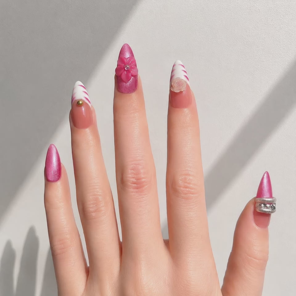Handmade Medium Almond Nails Pink Cat Eye Press On Nails With 3D Flower-Rosy Pop A090