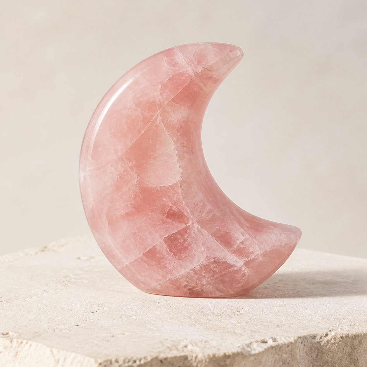 One-of-a-kind Rose Quartz Crescent crystal carving