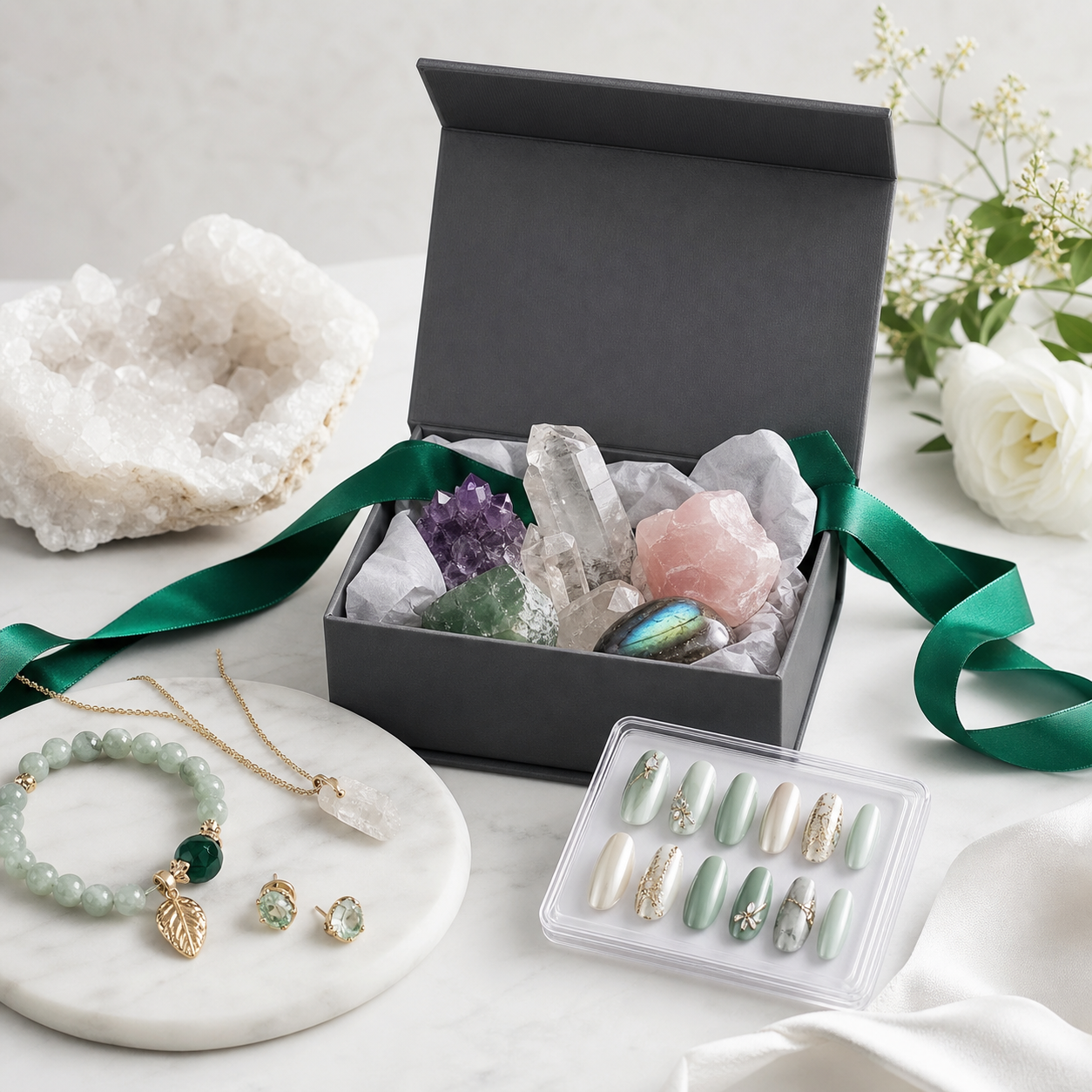 Crystals, press-on nails, and jewelry arranged for a shipping offer